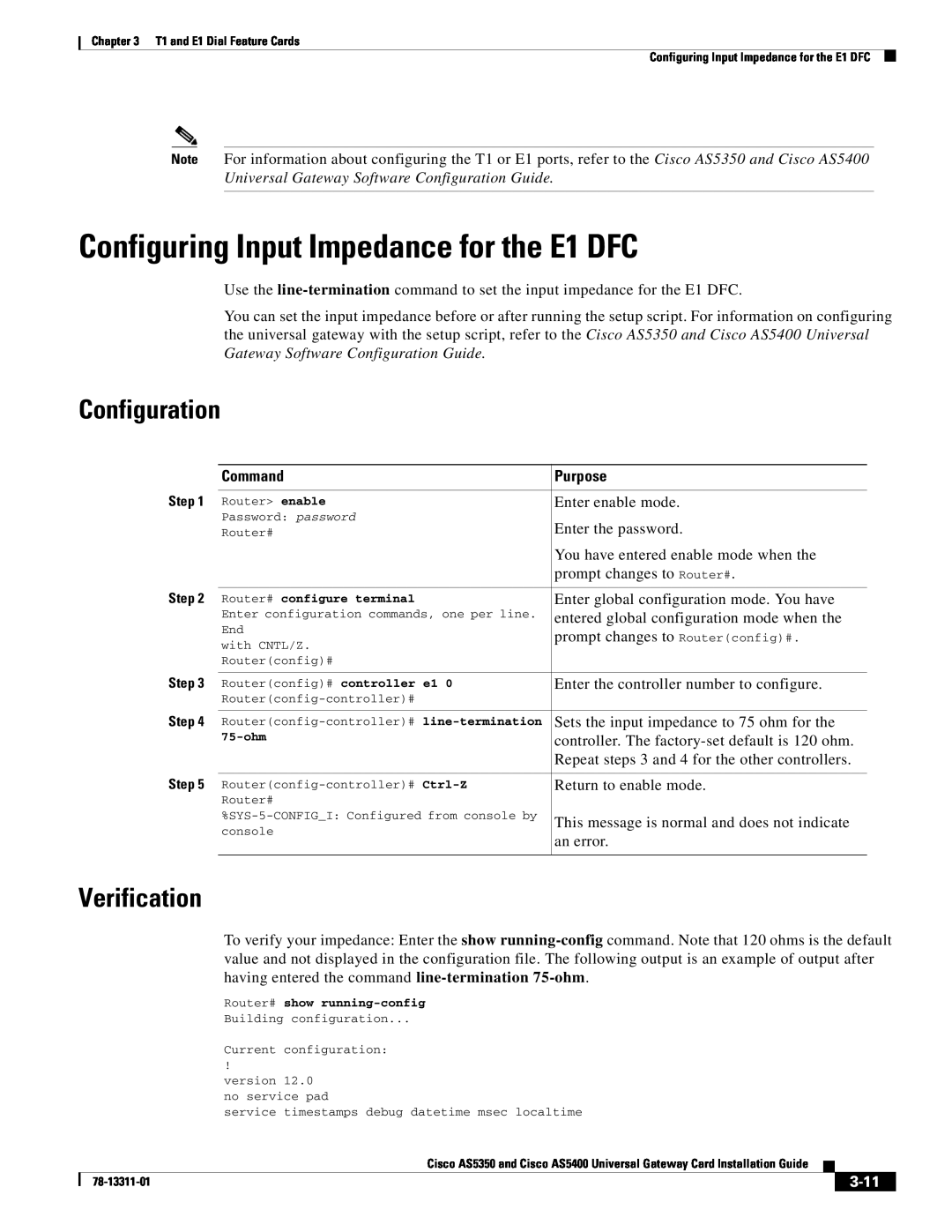 Cisco Systems AS5350 manual Configuring Input Impedance for the E1 DFC, Configuration, Verification, Command, Purpose, 3-11 