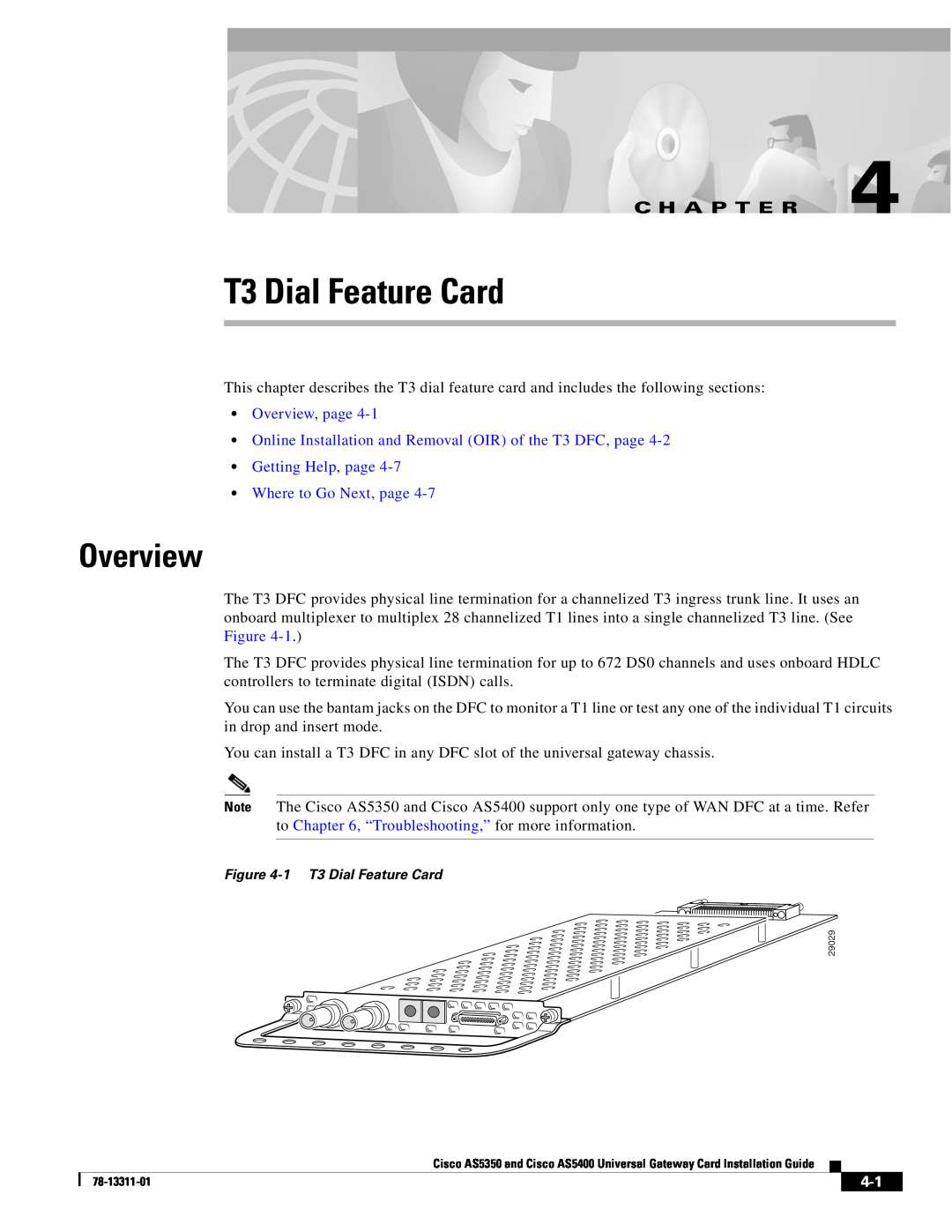Cisco Systems AS5350, AS5400 manual T3 Dial Feature Card, Online Installation and Removal OIR of the T3 DFC, page, Overview 