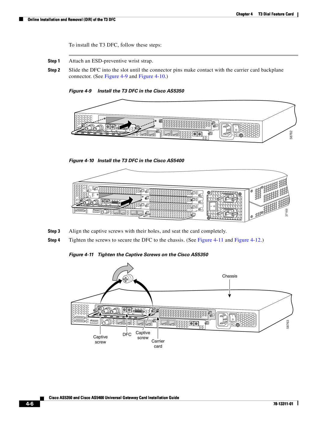 Cisco Systems manual 9 Install the T3 DFC in the Cisco AS5350, 10 Install the T3 DFC in the Cisco AS5400 