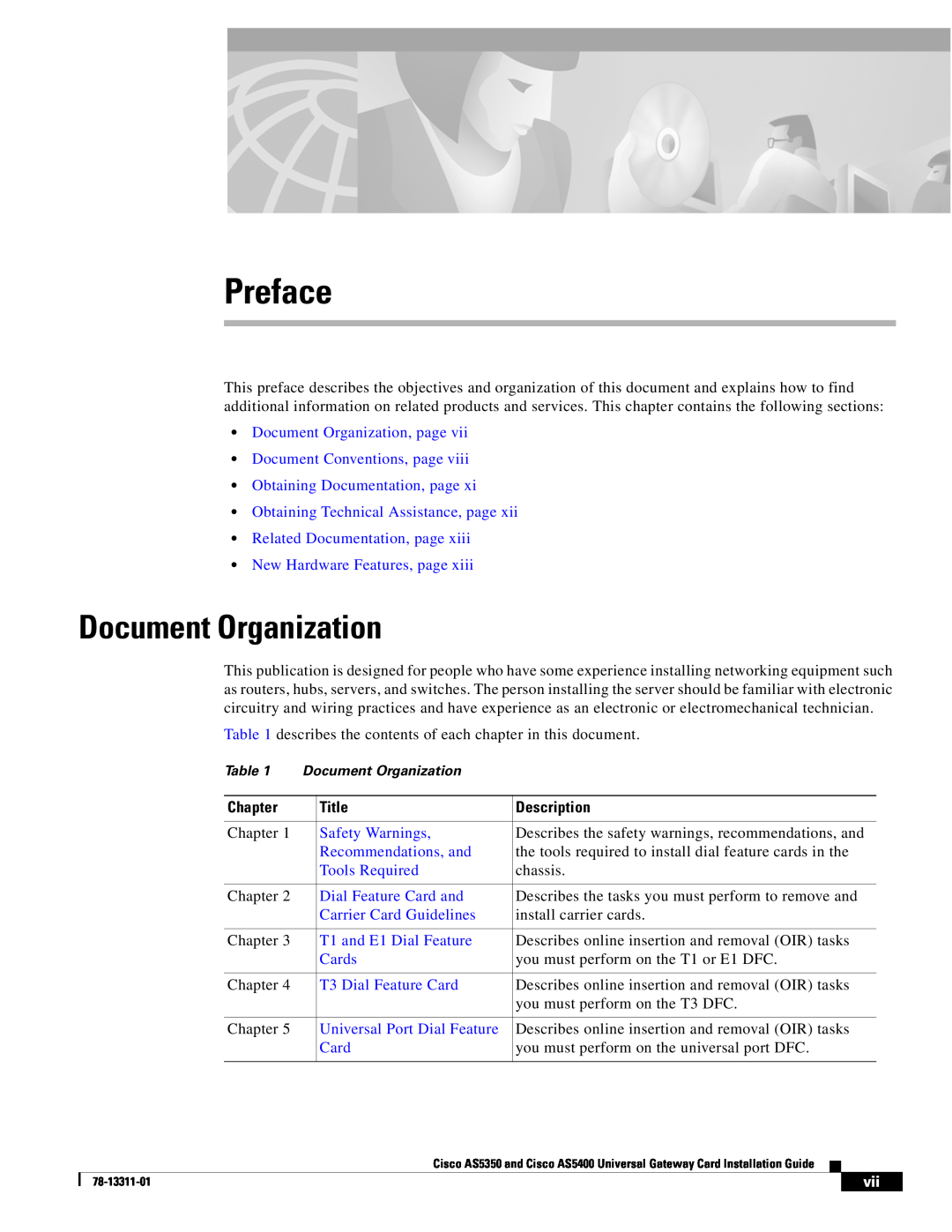Cisco Systems AS5350 Preface, Document Organization, page Document Conventions, page, Chapter, Title, Description 