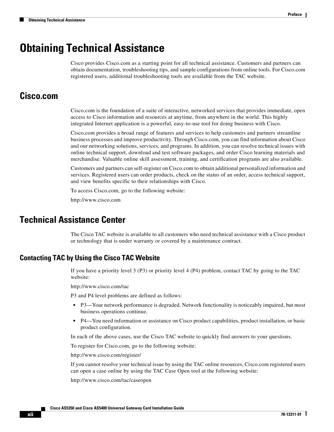 Cisco Systems AS5400, AS5350 manual Obtaining Technical Assistance, Cisco.com, Technical Assistance Center 