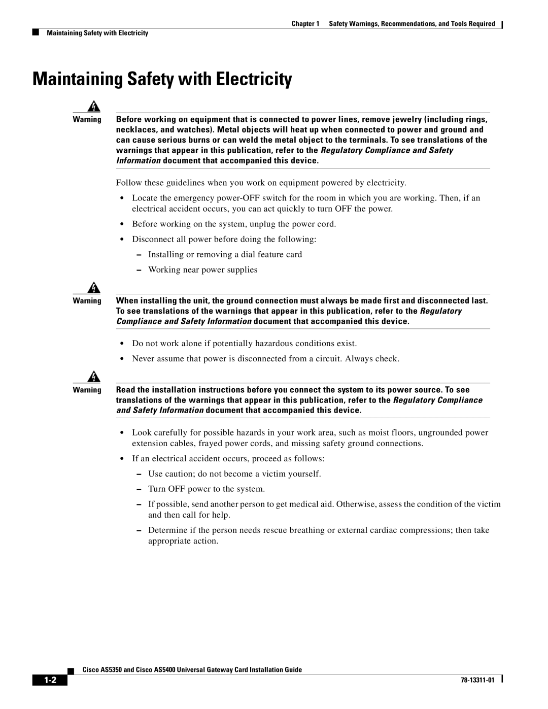 Cisco Systems AS5400, AS5350 manual Maintaining Safety with Electricity 