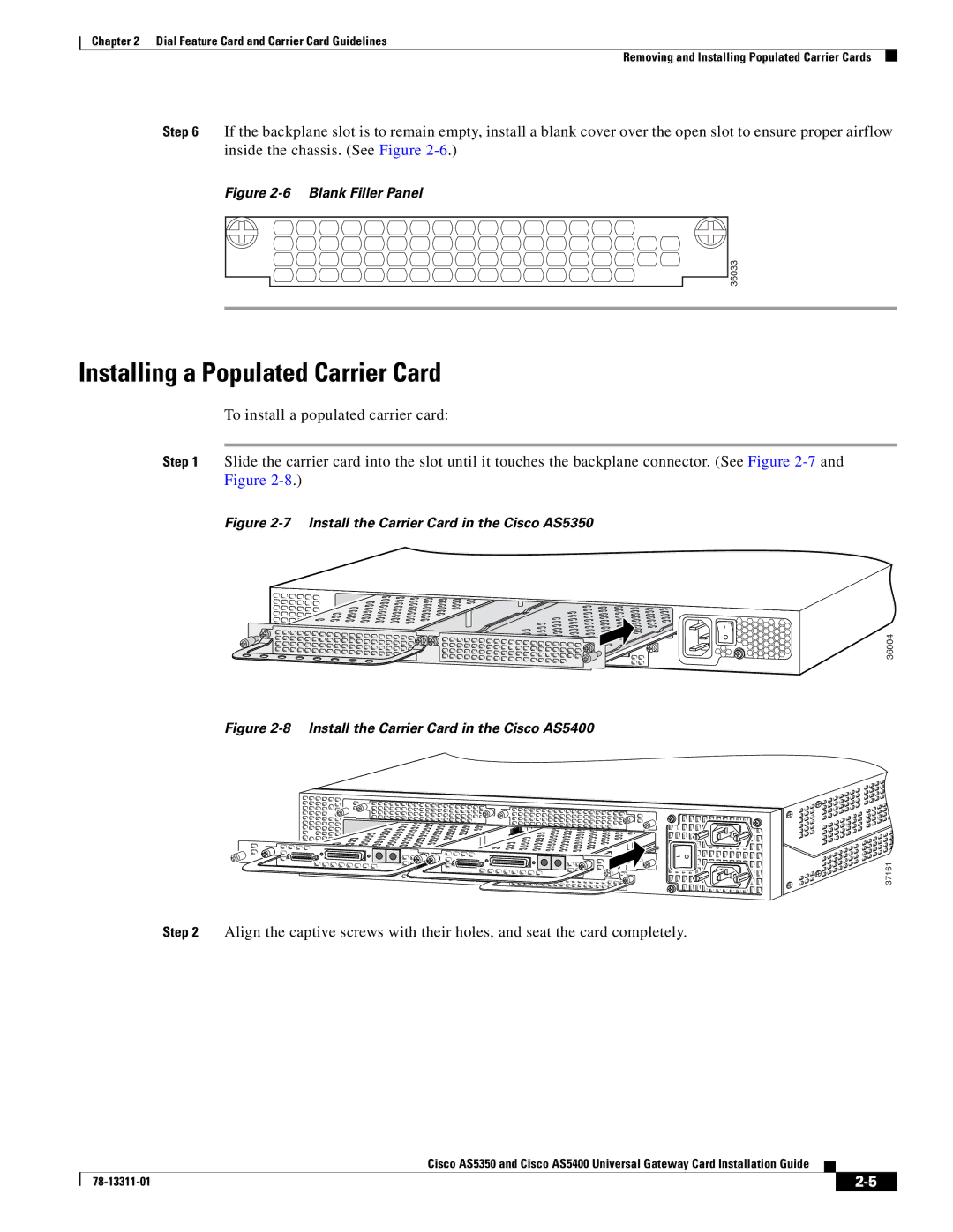 Cisco Systems AS5350, AS5400 manual Installing a Populated Carrier Card, Blank Filler Panel 