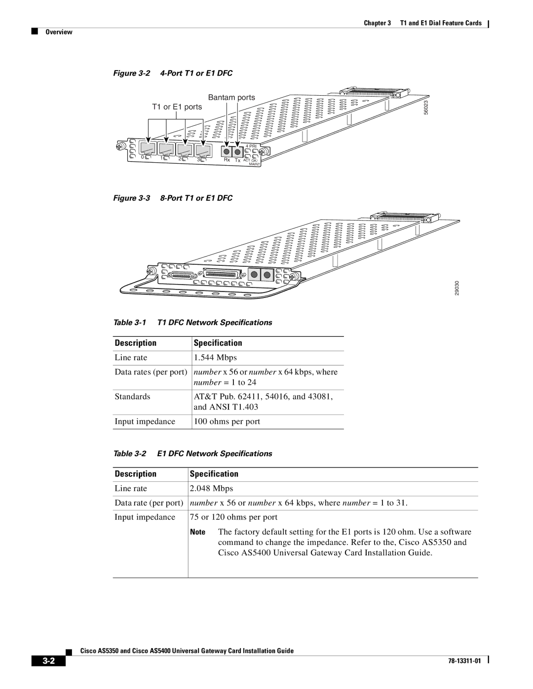 Cisco Systems AS5400, AS5350 manual Description Specification, Port T1 or E1 DFC 