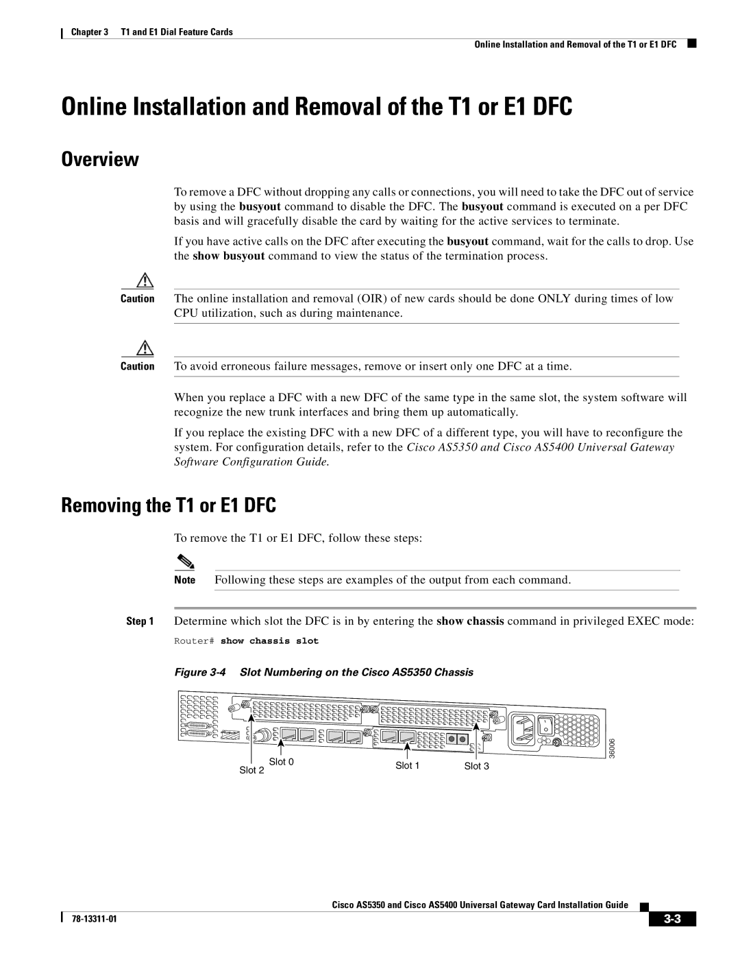 Cisco Systems AS5350, AS5400 manual Online Installation and Removal of the T1 or E1 DFC, Overview, Removing the T1 or E1 DFC 