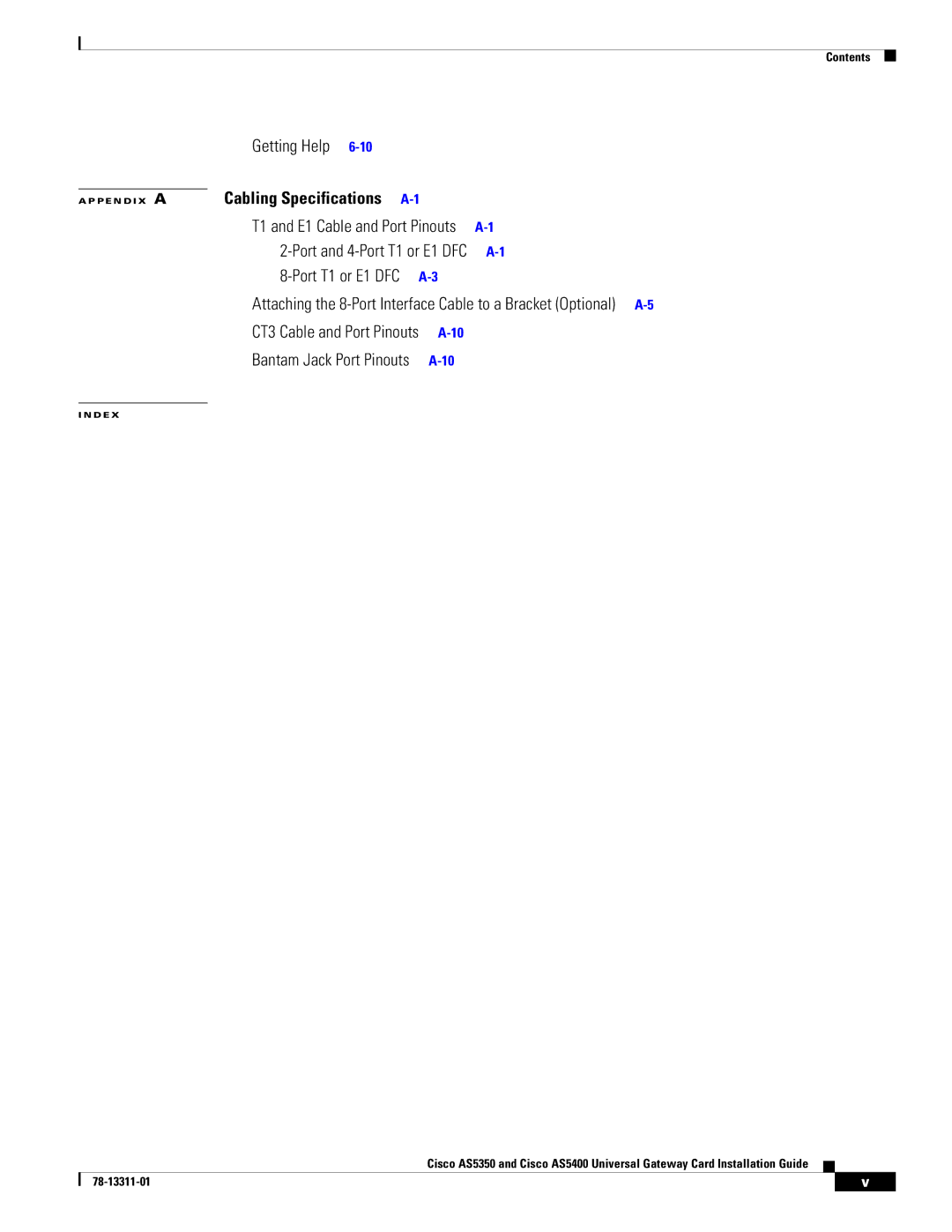 Cisco Systems AS5350, AS5400 manual Getting Help, Cabling Specifications 