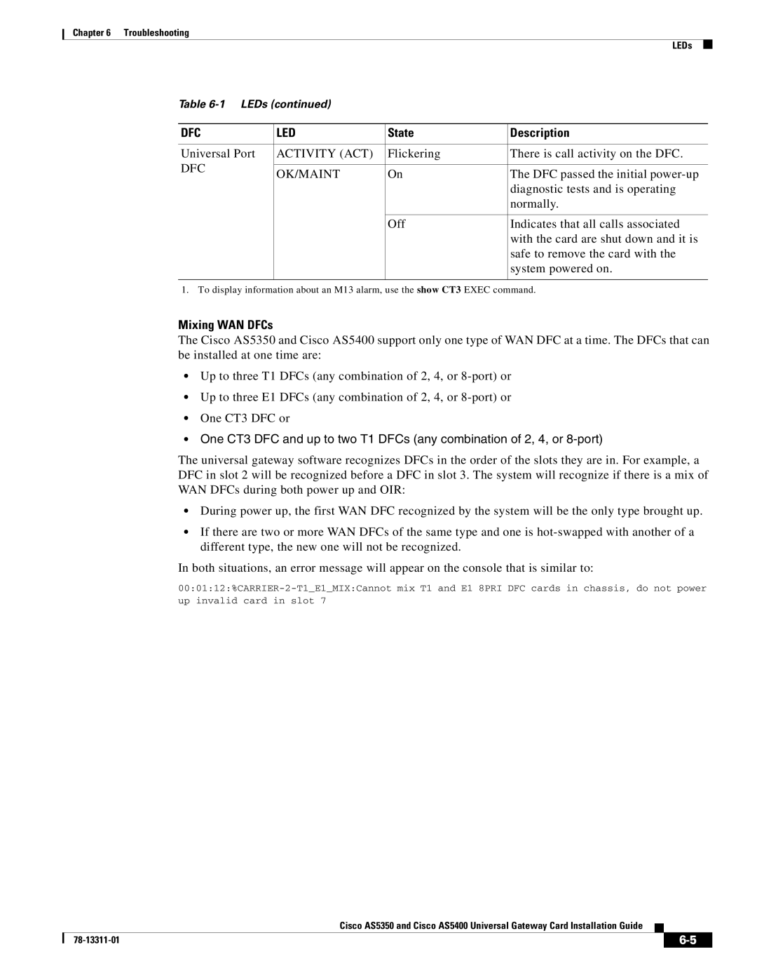 Cisco Systems AS5350, AS5400 manual Dfc Ok/Maint, Mixing WAN DFCs 