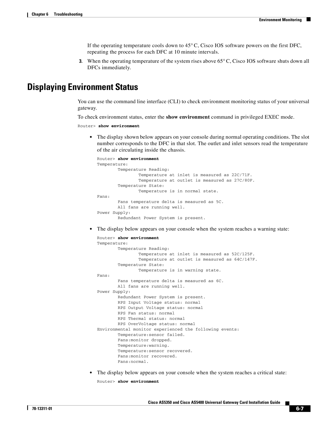 Cisco Systems AS5350, AS5400 manual Displaying Environment Status 