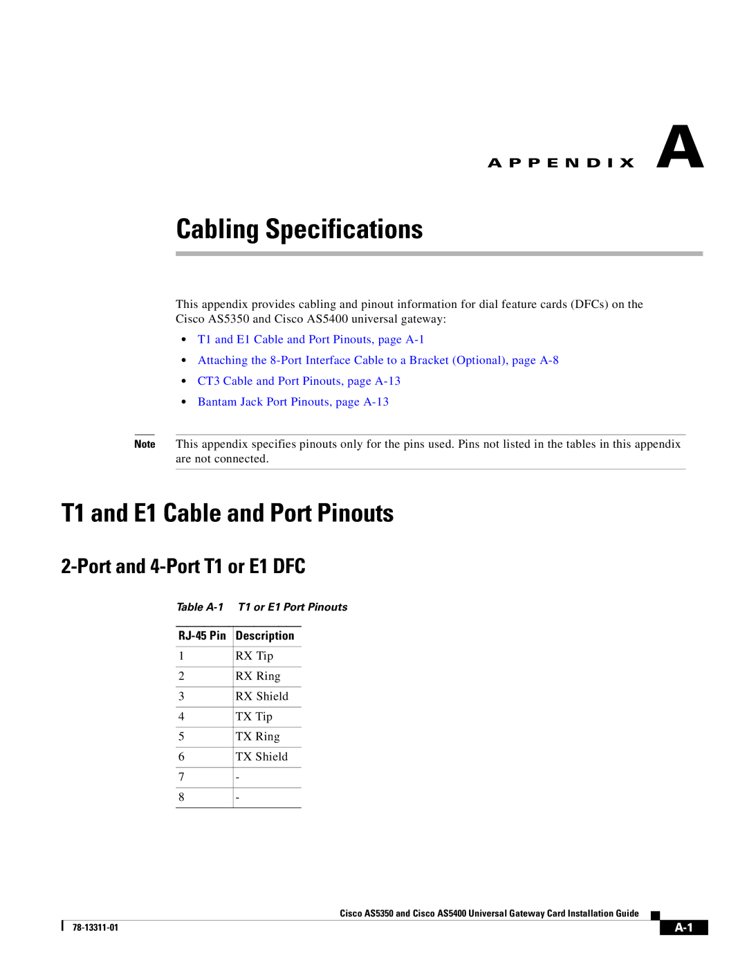 Cisco Systems AS5350, AS5400 manual T1 and E1 Cable and Port Pinouts, Port and 4-Port T1 or E1 DFC, RJ-45 Pin Description 