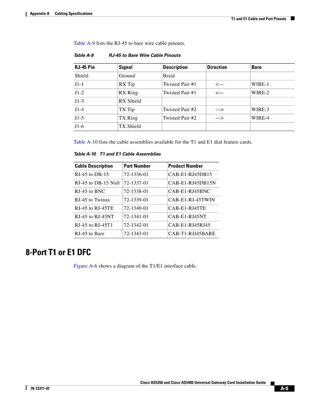 Cisco Systems AS5350, AS5400 manual Port T1 or E1 DFC, RJ-45 Pin Signal Description Direction Bare 