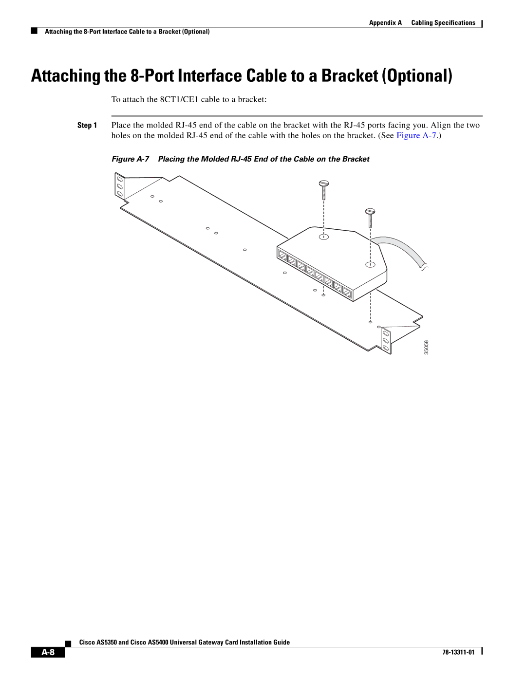 Cisco Systems AS5400, AS5350 manual Attaching the 8-Port Interface Cable to a Bracket Optional 