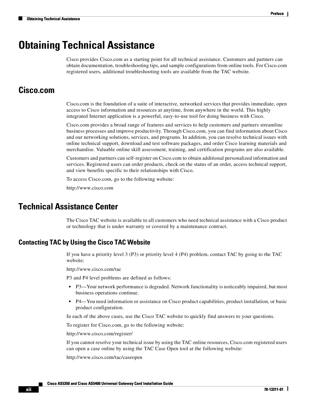 Cisco Systems AS5400 manual Obtaining Technical Assistance, Cisco.com, Technical Assistance Center 