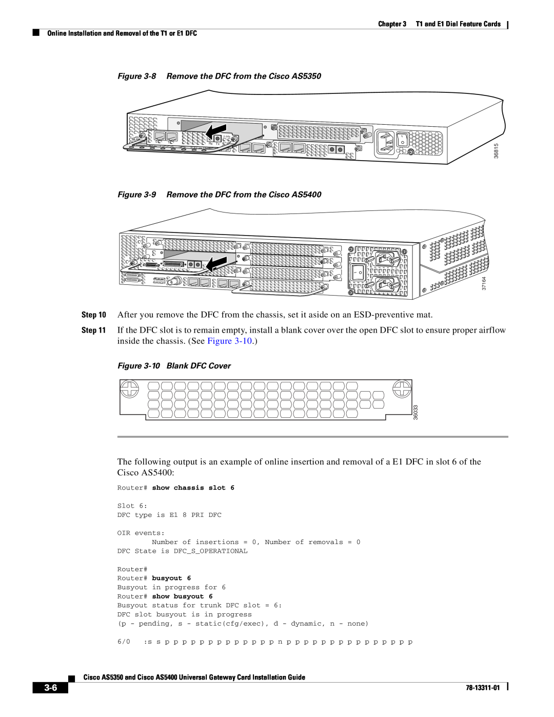 Cisco Systems manual 8 Remove the DFC from the Cisco AS5350, 9 Remove the DFC from the Cisco AS5400, 10 Blank DFC Cover 
