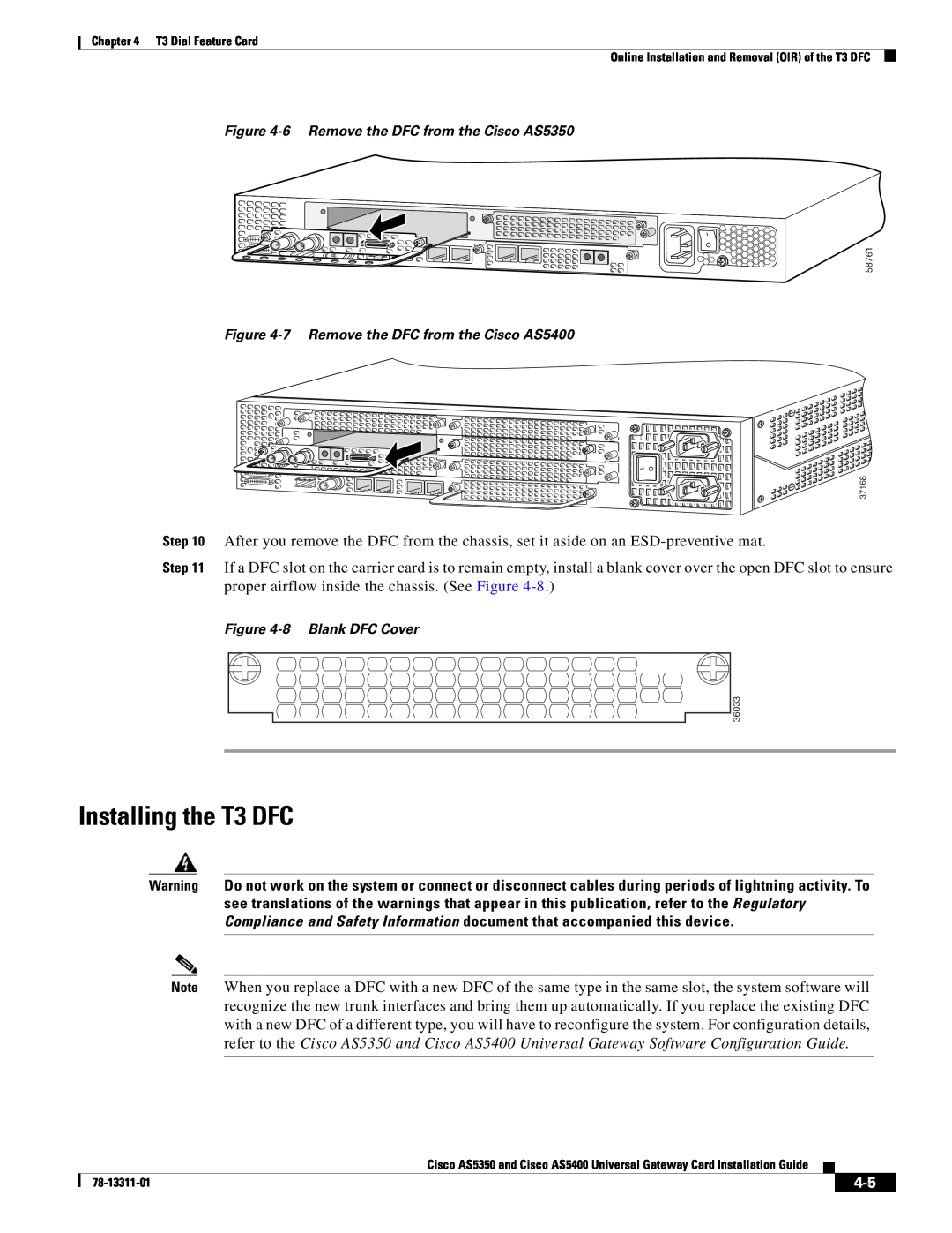 Cisco Systems Installing the T3 DFC, 6 Remove the DFC from the Cisco AS5350, 7 Remove the DFC from the Cisco AS5400 