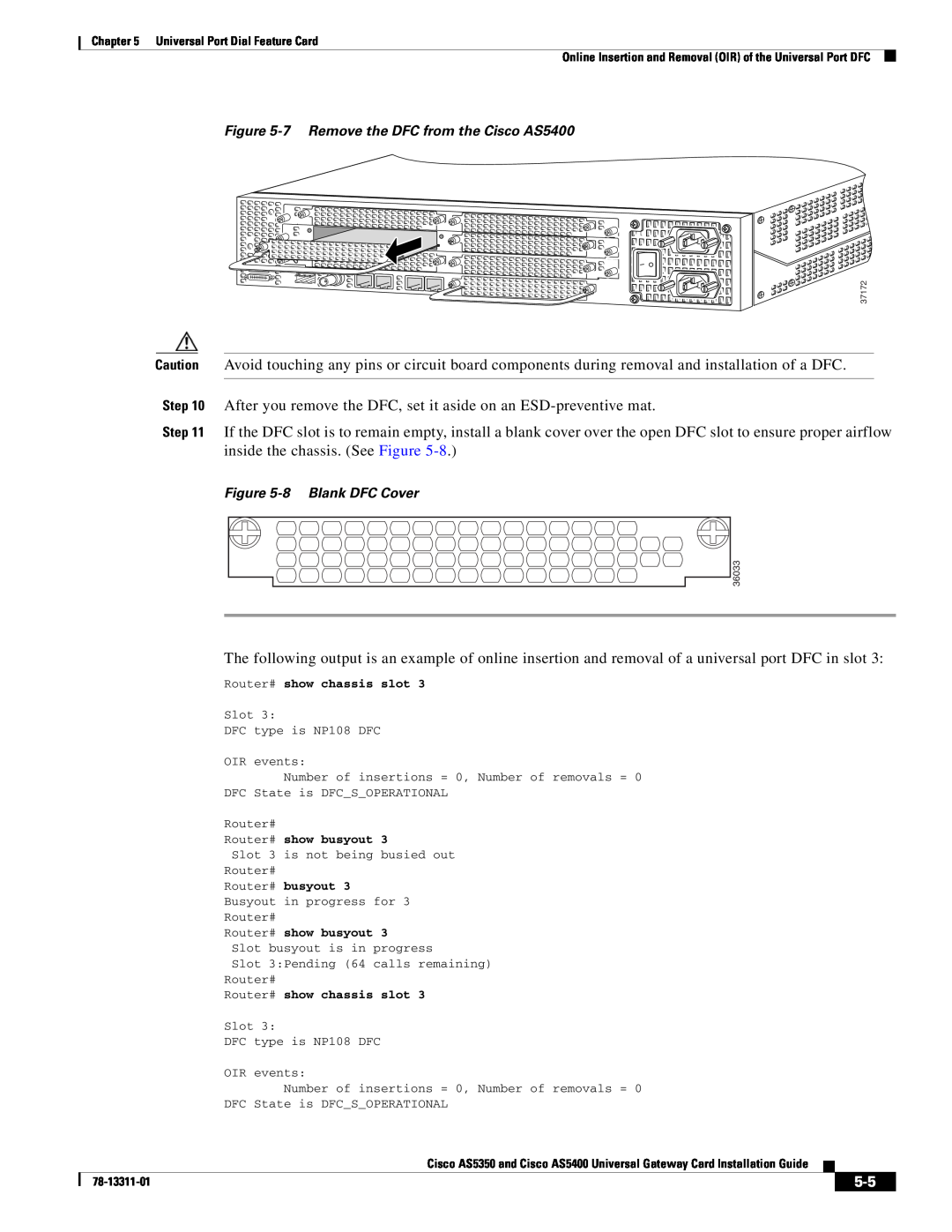 Cisco Systems manual 7 Remove the DFC from the Cisco AS5400, 8 Blank DFC Cover, Universal Port Dial Feature Card 