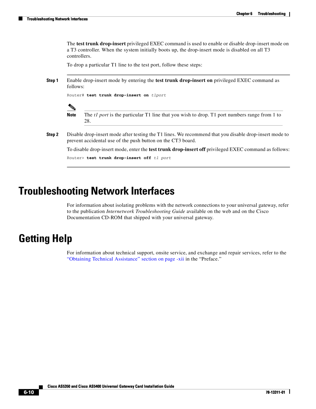 Cisco Systems AS5400 Troubleshooting Network Interfaces, 6-10, Getting Help, Router# test trunk drop-insert on t1port 