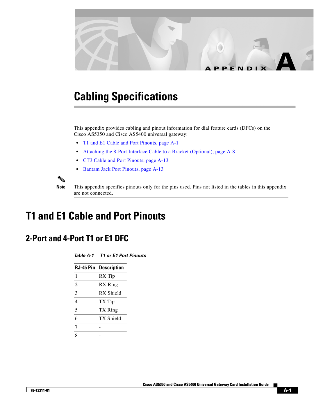 Cisco Systems AS5400 Cabling Specifications, T1 and E1 Cable and Port Pinouts, Port and 4-Port T1 or E1 DFC, RJ-45 Pin 
