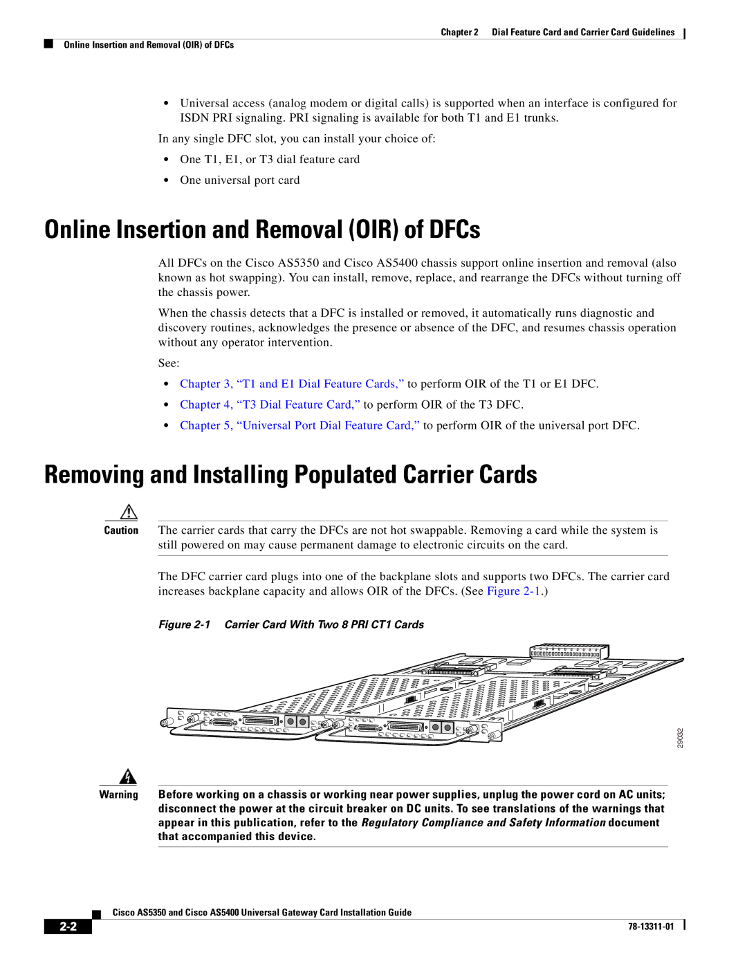 Cisco Systems AS5400 manual Online Insertion and Removal OIR of DFCs, Removing and Installing Populated Carrier Cards 