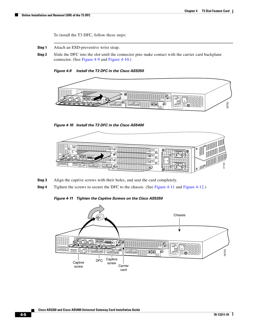 Cisco Systems AS5400 manual Install the T3 DFC in the Cisco AS5350 