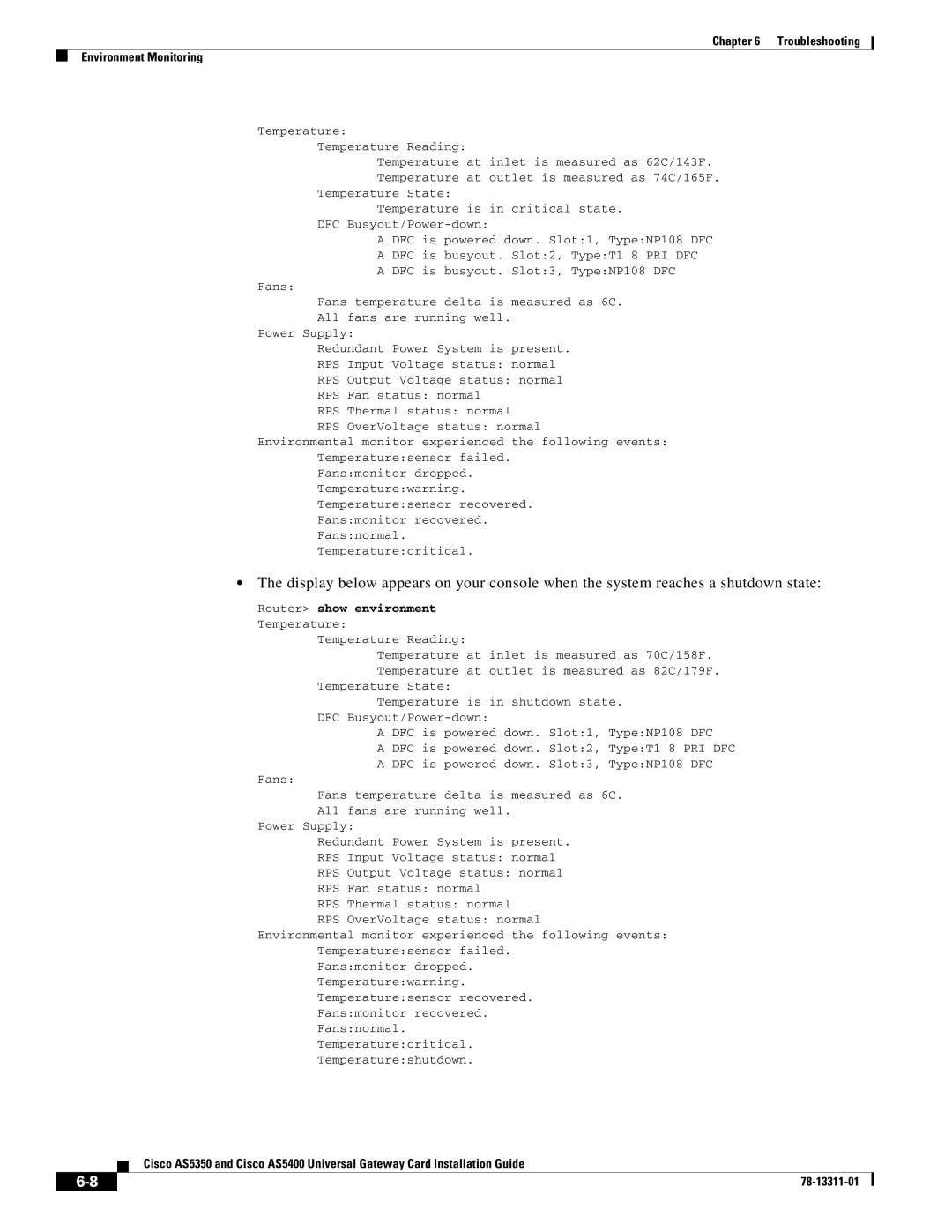 Cisco Systems AS5400 manual Router show environment 