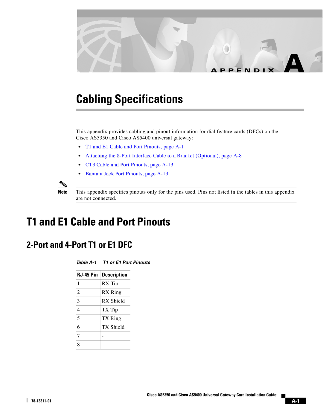 Cisco Systems AS5400 manual T1 and E1 Cable and Port Pinouts, Port and 4-Port T1 or E1 DFC, RJ-45 Pin Description 