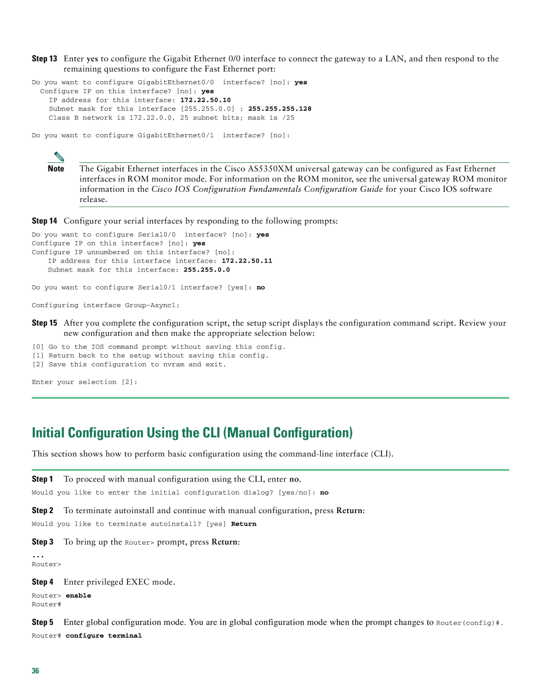 Cisco Systems AS5400XM quick start Initial Configuration Using the CLI Manual Configuration 