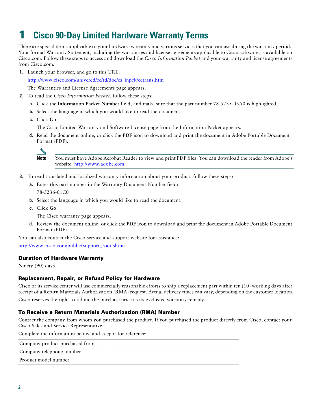 Cisco Systems AS5400XM quick start Cisco 90-Day Limited Hardware Warranty Terms, Duration of Hardware Warranty 