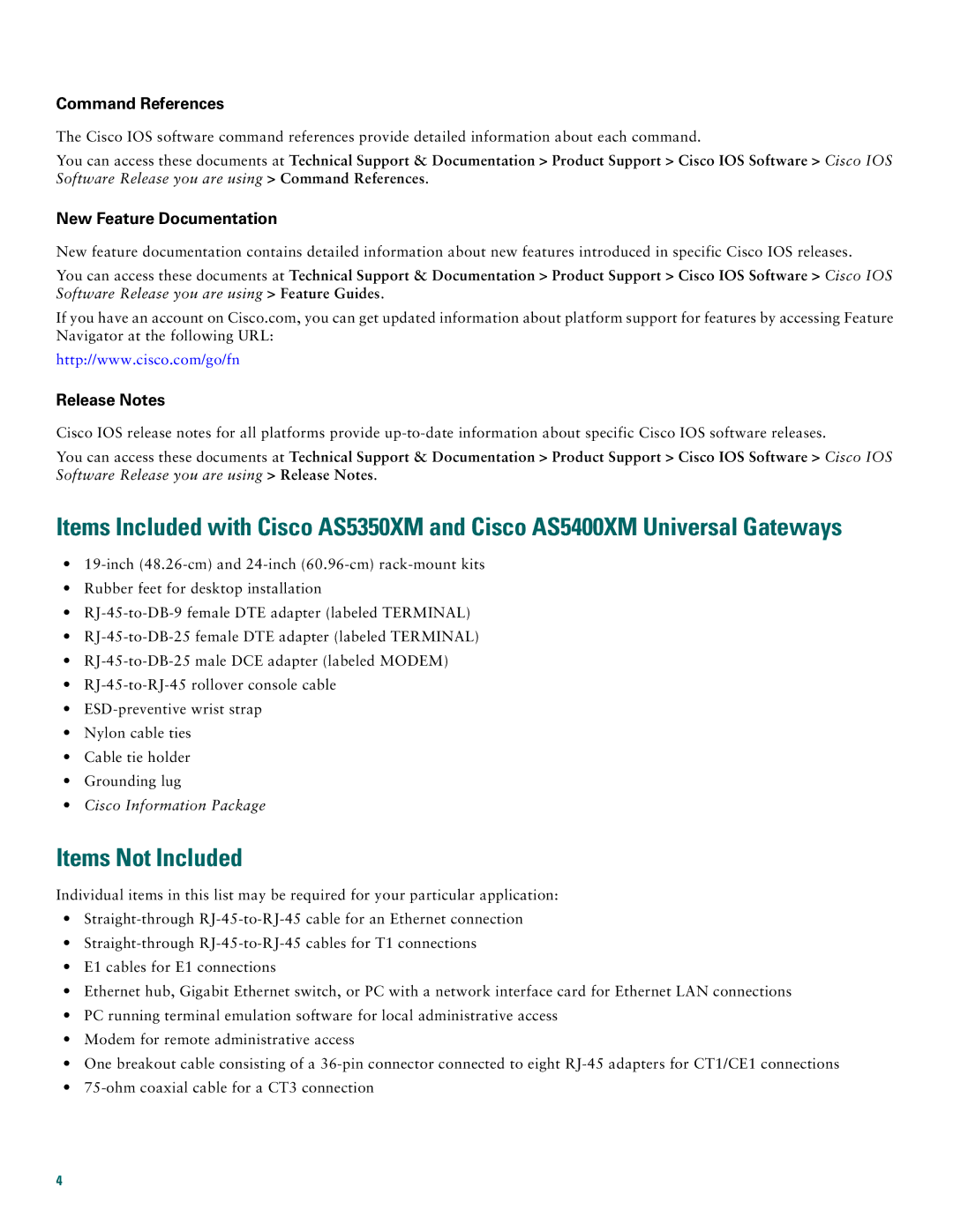 Cisco Systems AS5400XM quick start Items Not Included, Command References, New Feature Documentation, Release Notes 