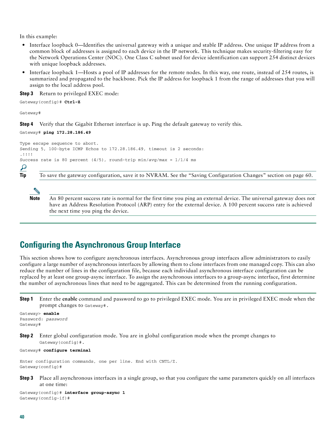 Cisco Systems AS5400XM Configuring the Asynchronous Group Interface, Gateway# ping, Gatewayconfig# interface group-async 