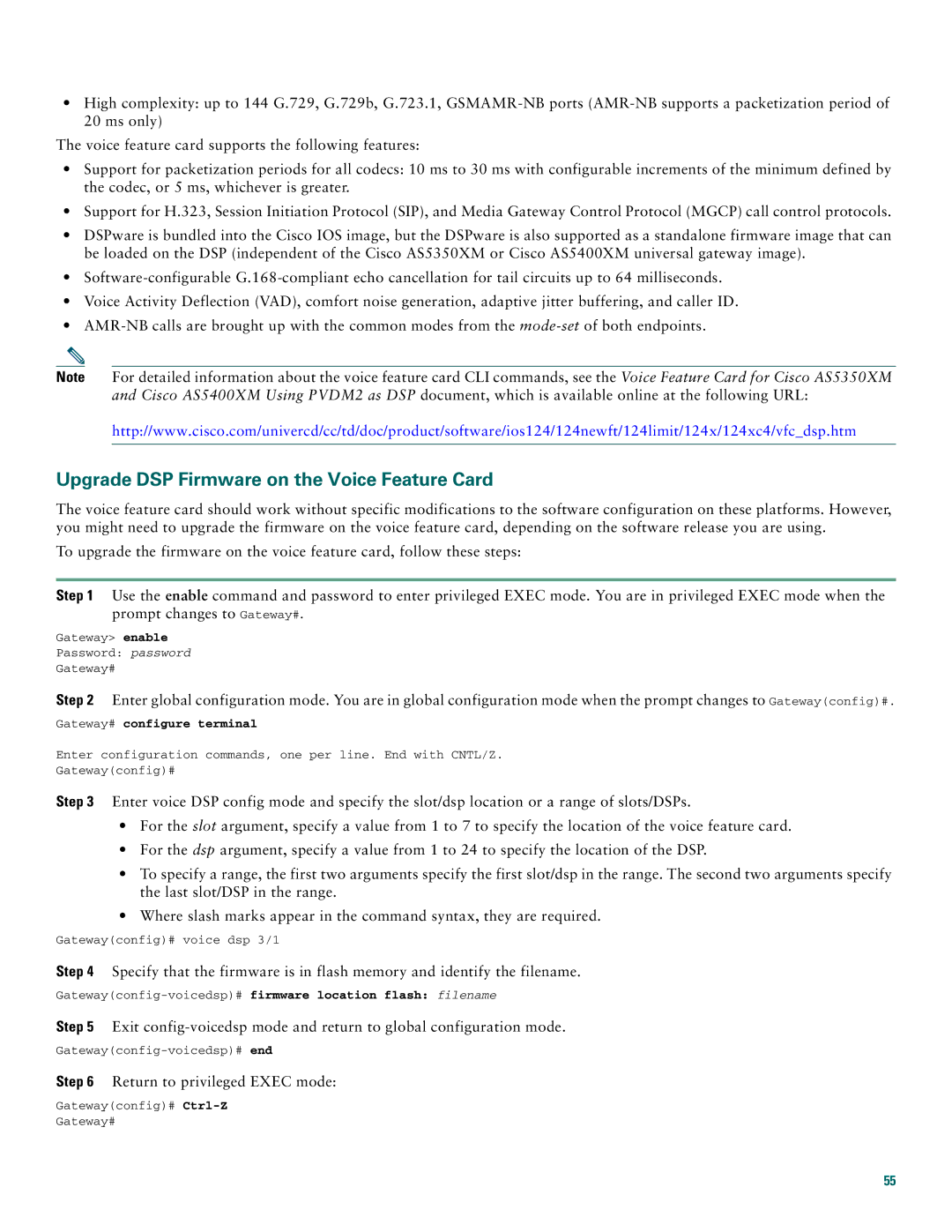 Cisco Systems AS5400XM quick start Upgrade DSP Firmware on the Voice Feature Card 