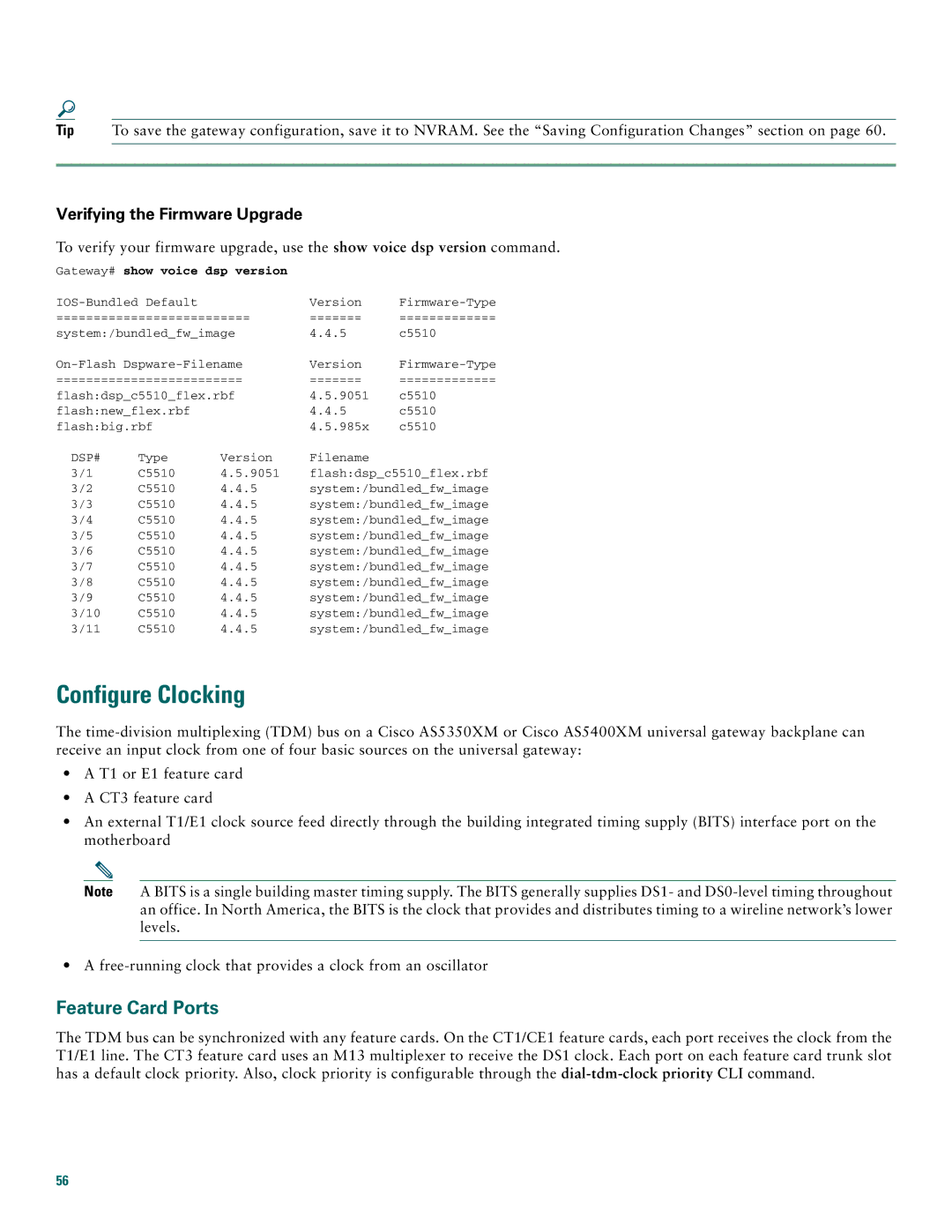 Cisco Systems AS5400XM quick start Configure Clocking, Feature Card Ports, Verifying the Firmware Upgrade 