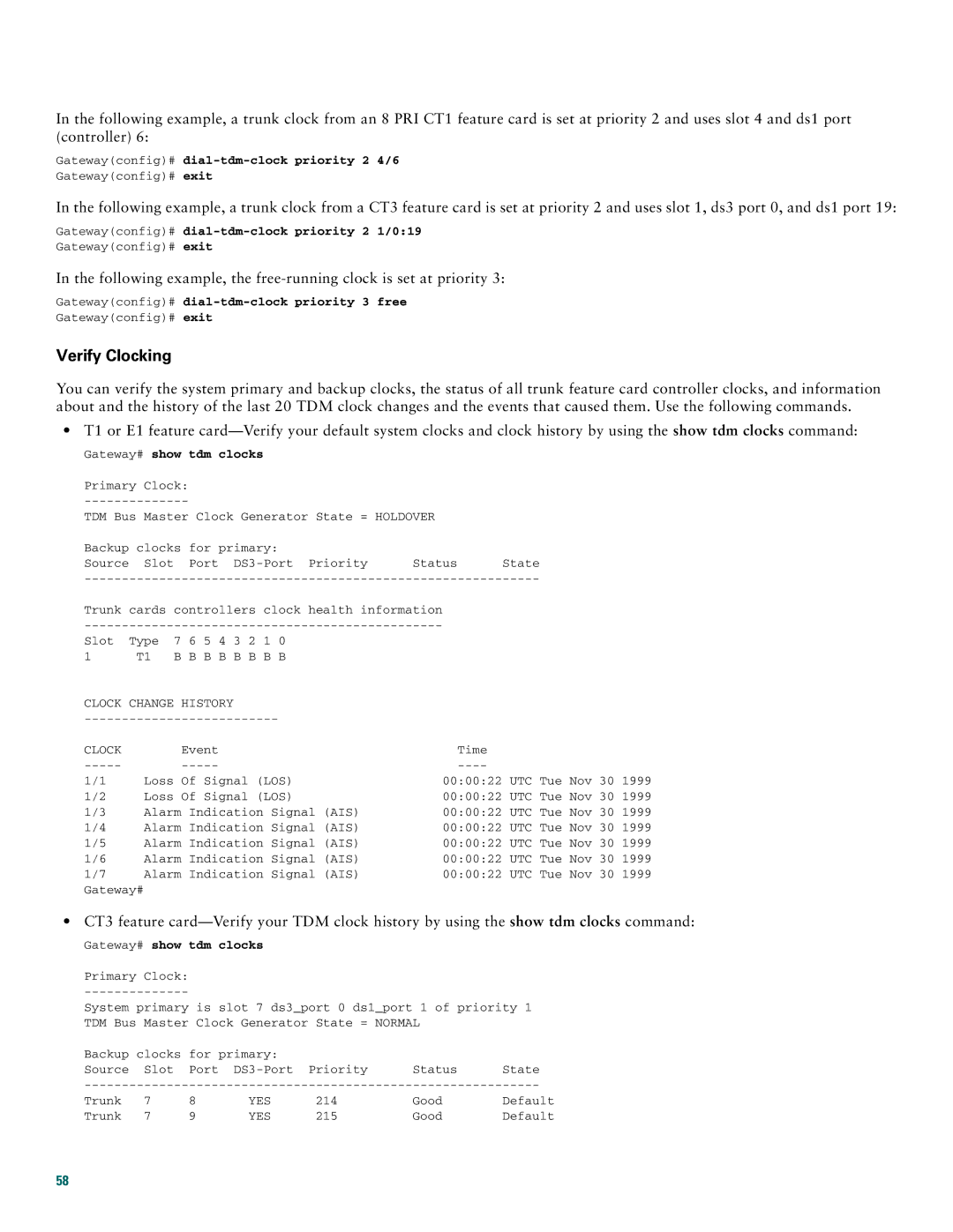 Cisco Systems AS5400XM quick start Verify Clocking, Gatewayconfig# dial-tdm-clock priority 2 4/6, Gateway# show tdm clocks 