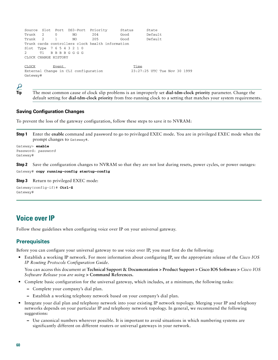 Cisco Systems AS5400XM quick start Voice over IP, Prerequisites, Saving Configuration Changes 