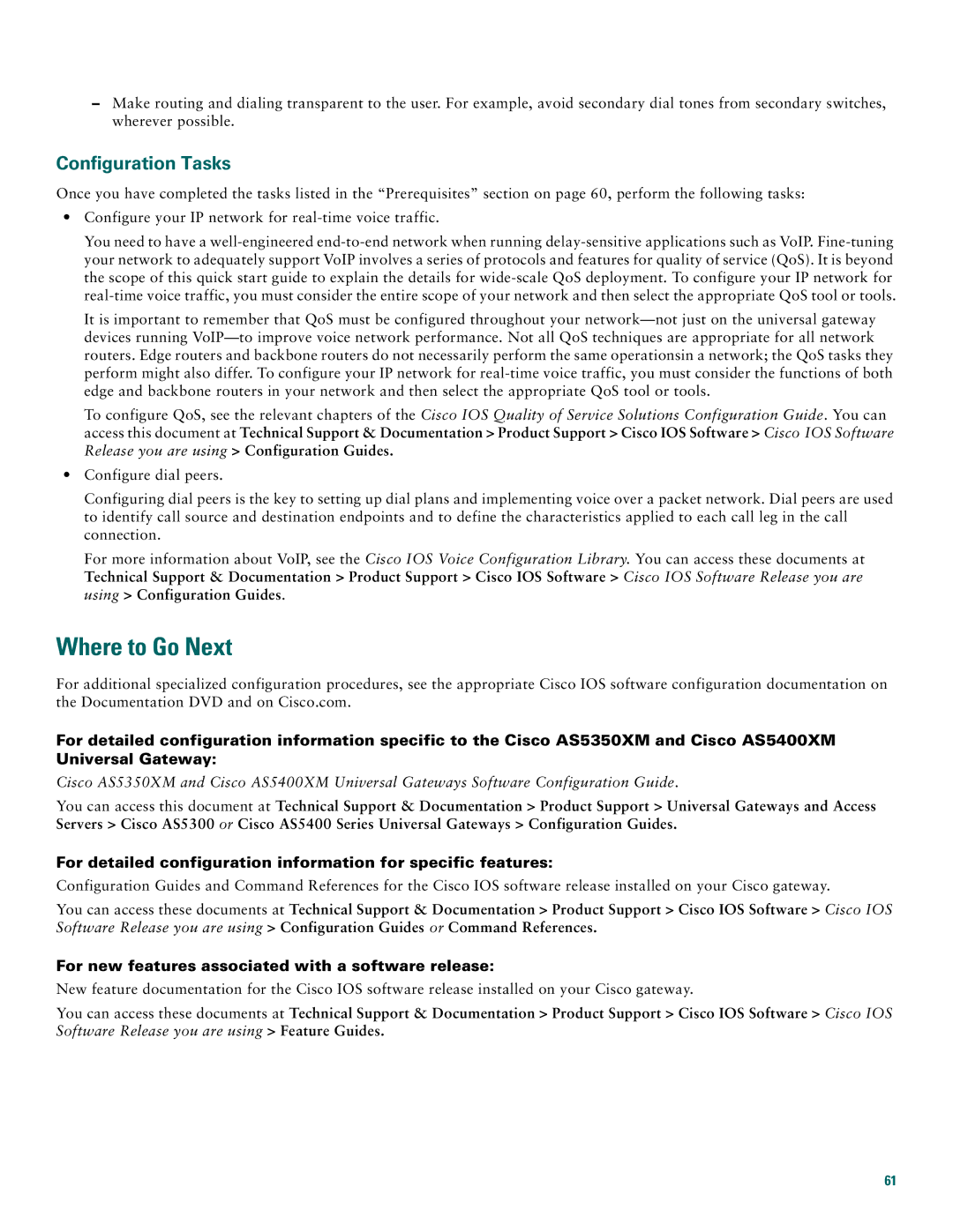 Cisco Systems AS5400XM Where to Go Next, Configuration Tasks, For new features associated with a software release 