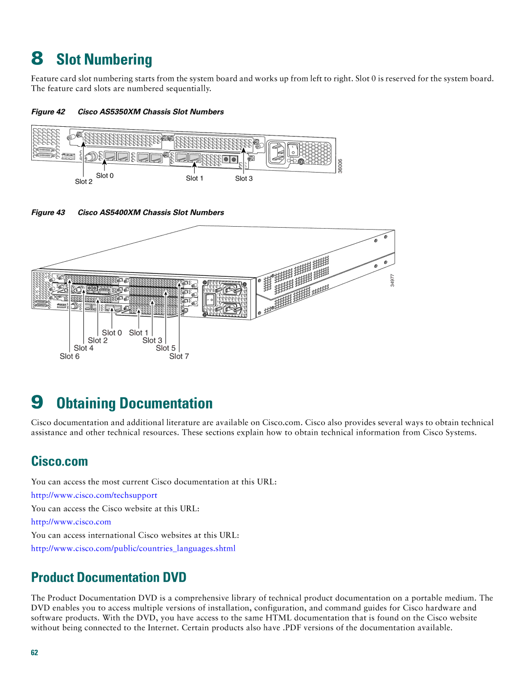 Cisco Systems AS5400XM quick start Slot Numbering, Obtaining Documentation, Cisco.com, Product Documentation DVD 