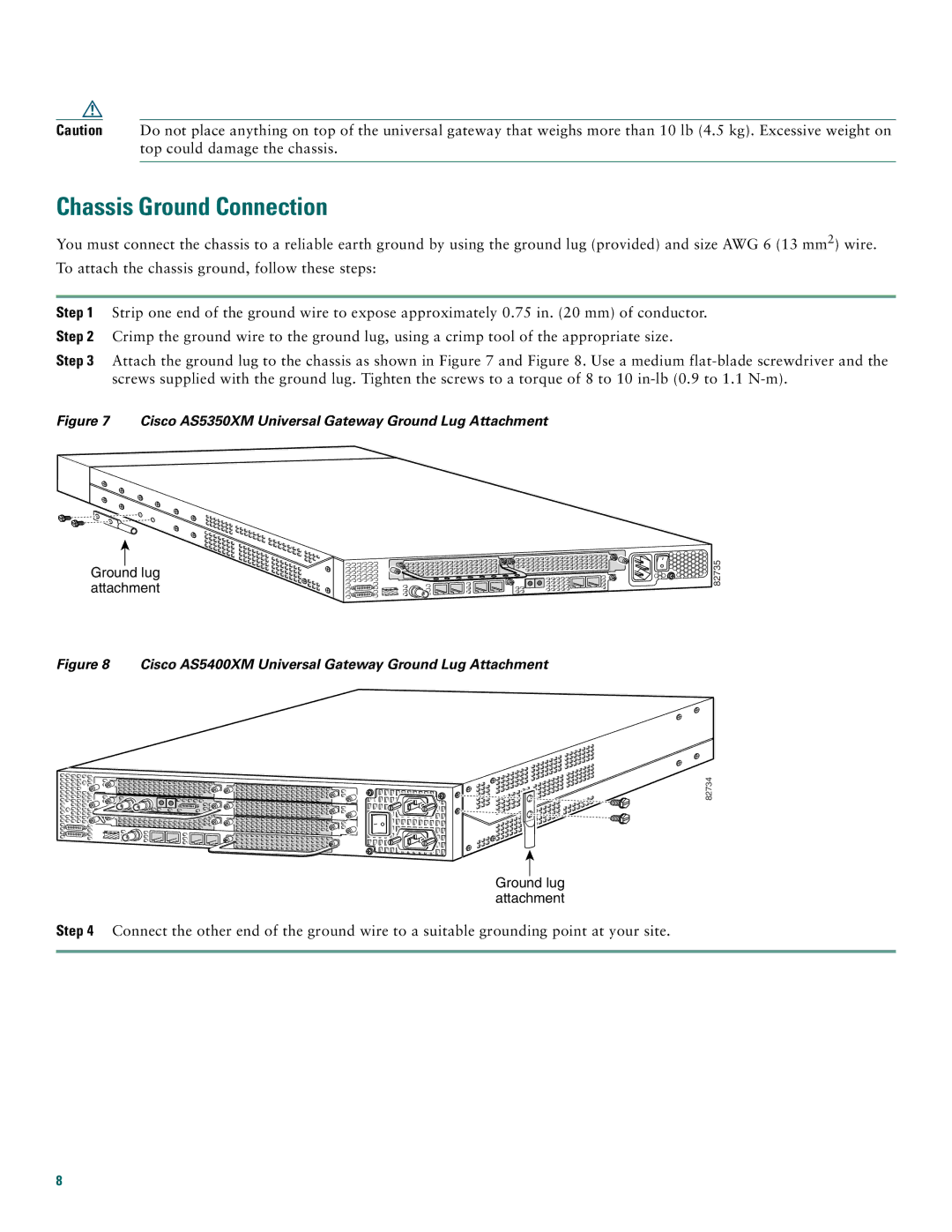 Cisco Systems AS5400XM quick start Chassis Ground Connection, Cisco AS5350XM Universal Gateway Ground Lug Attachment 