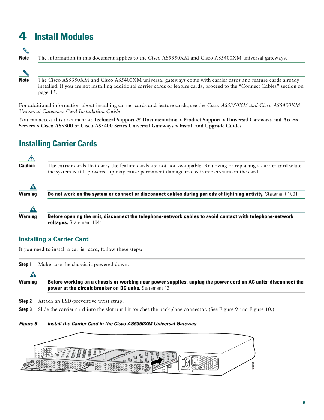 Cisco Systems AS5400XM quick start Install Modules, Installing Carrier Cards, Installing a Carrier Card 