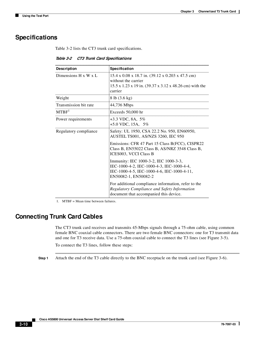 Cisco Systems AS5800 Specifications, Connecting Trunk Card Cables, Regulatory Compliance and Safety Information, 3-10 