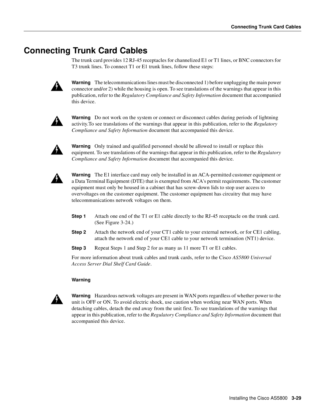 Cisco Systems AS5800 manual Connecting Trunk Card Cables 