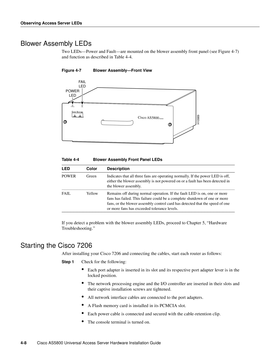 Cisco Systems AS5800 manual Blower Assembly LEDs, Starting the Cisco, Blower Assembly Front Panel LEDs 