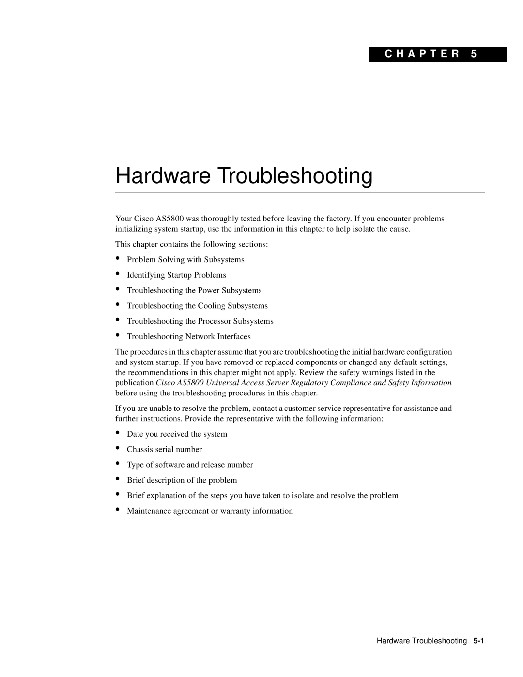 Cisco Systems AS5800 manual Hardware Troubleshooting 