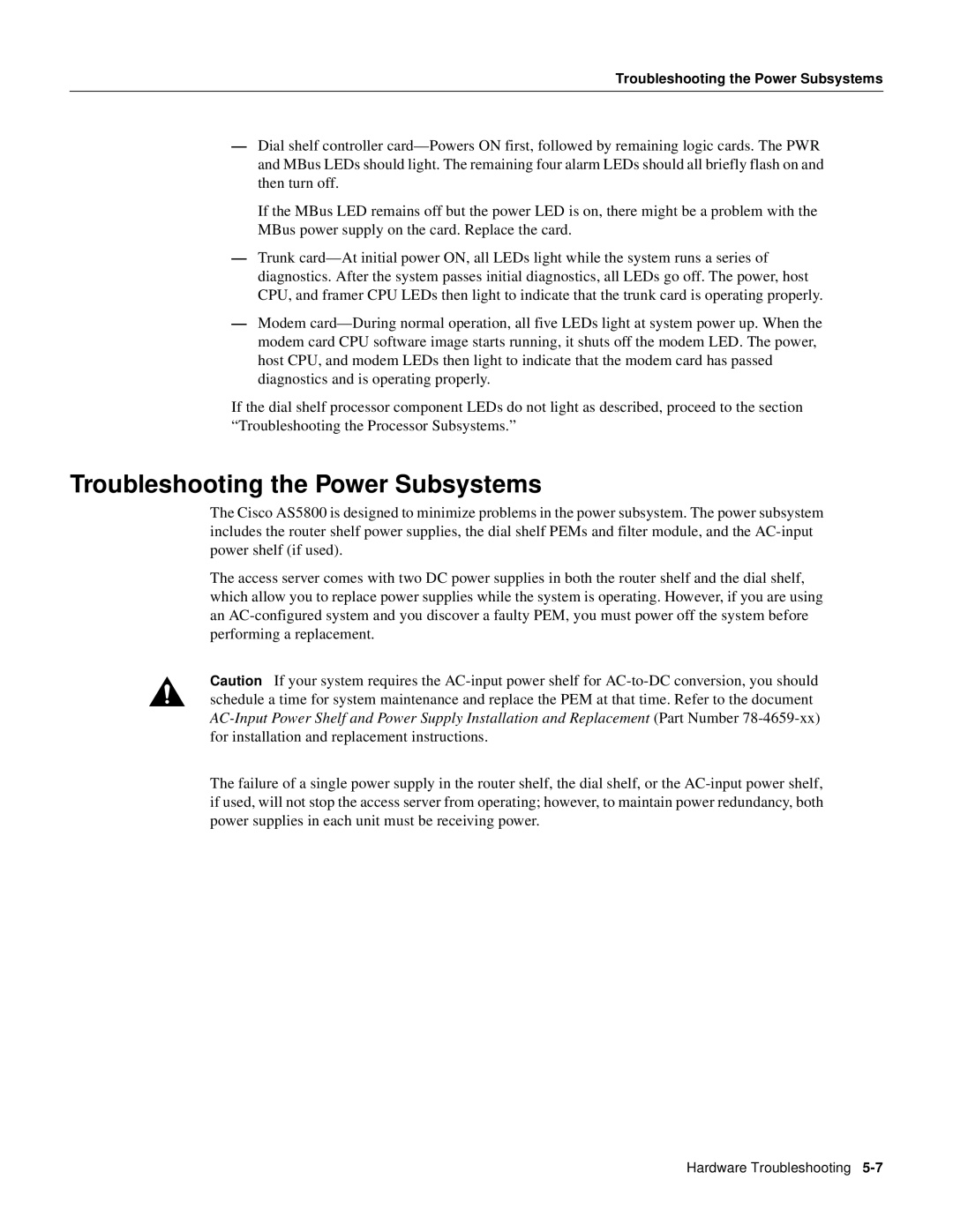 Cisco Systems AS5800 manual Troubleshooting the Power Subsystems 