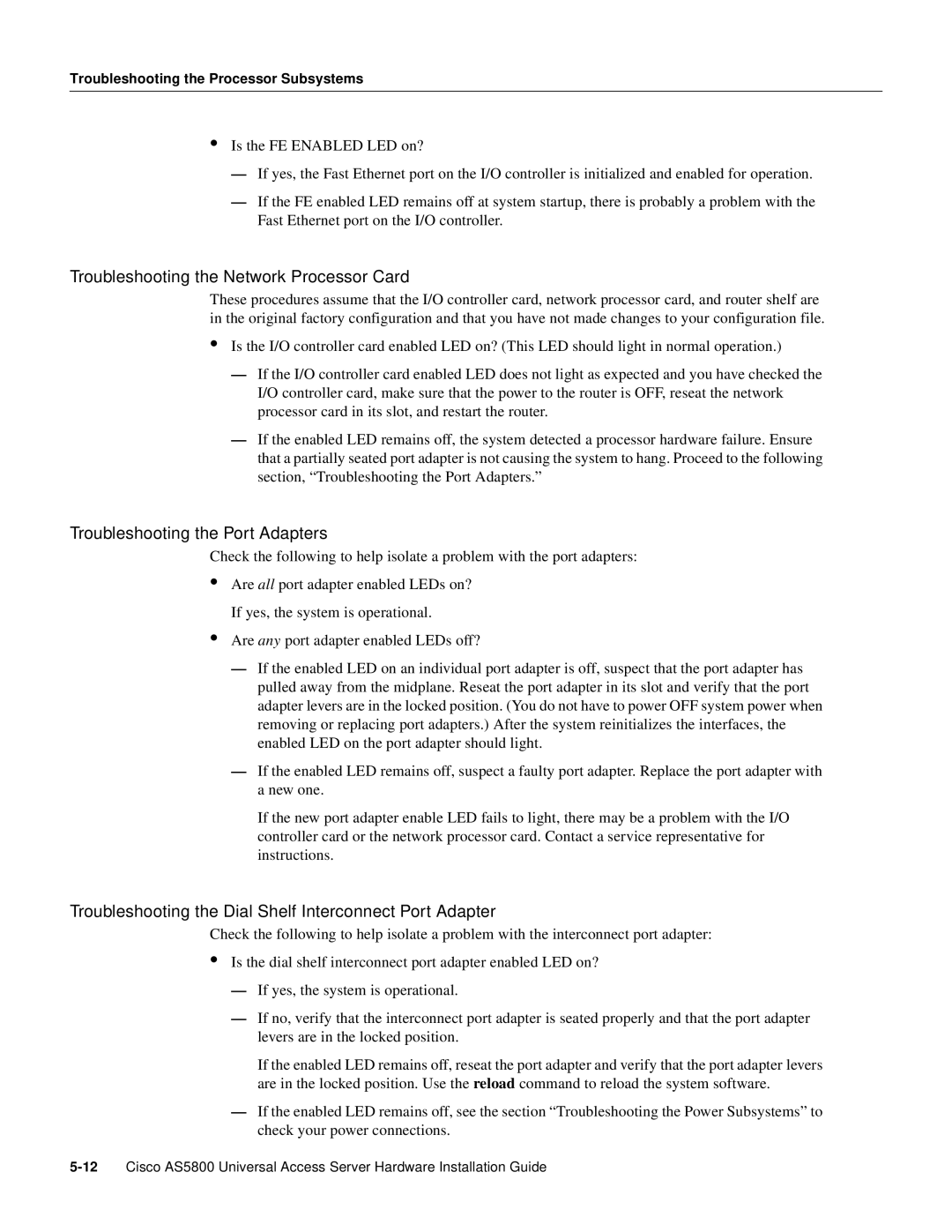 Cisco Systems AS5800 manual Troubleshooting the Network Processor Card, Troubleshooting the Port Adapters 