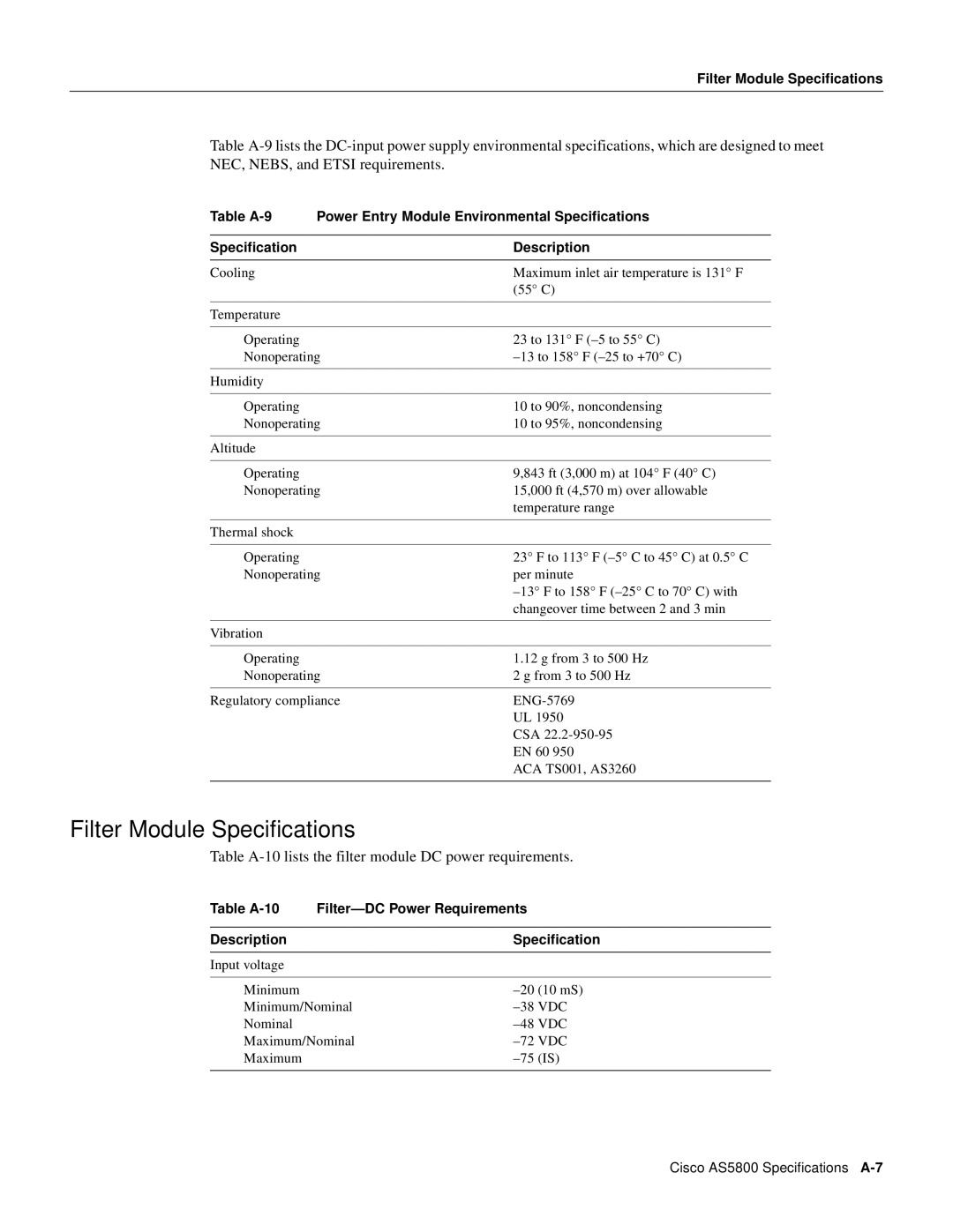 Cisco Systems AS5800 manual Filter Module Specifications 