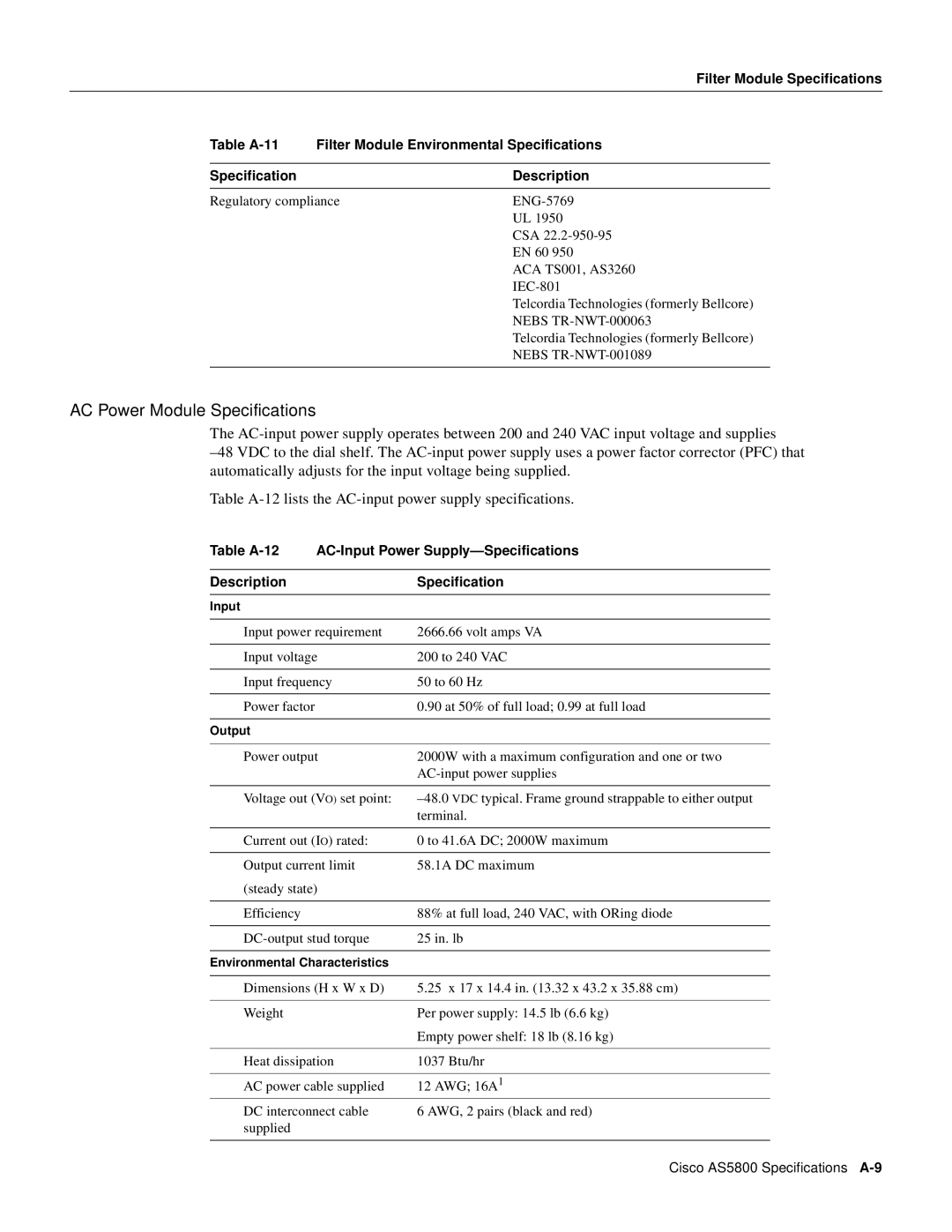 Cisco Systems AS5800 manual AC Power Module Specifications, Table A-12 AC-Input Power Supply-Specifications Description 