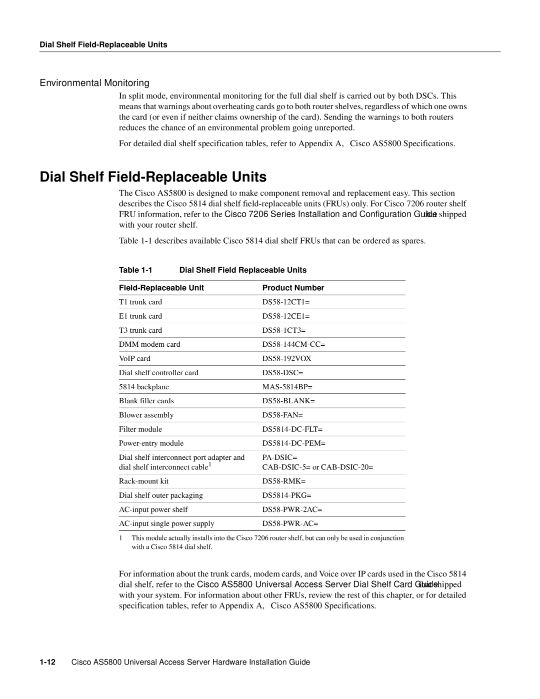 Cisco Systems AS5800 Dial Shelf Field-Replaceable Units, Environmental Monitoring, Dial Shelf Field Replaceable Units 