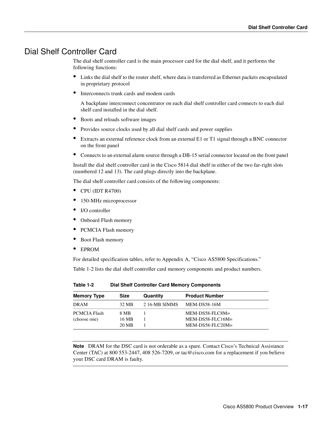 Cisco Systems AS5800 manual Dial Shelf Controller Card, Memory Type Size Quantity Product Number 