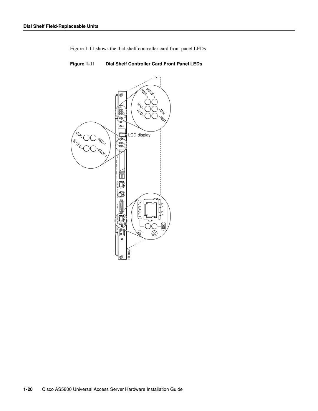 Cisco Systems AS5800 manual 11shows the dial shelf controller card front panel LEDs 