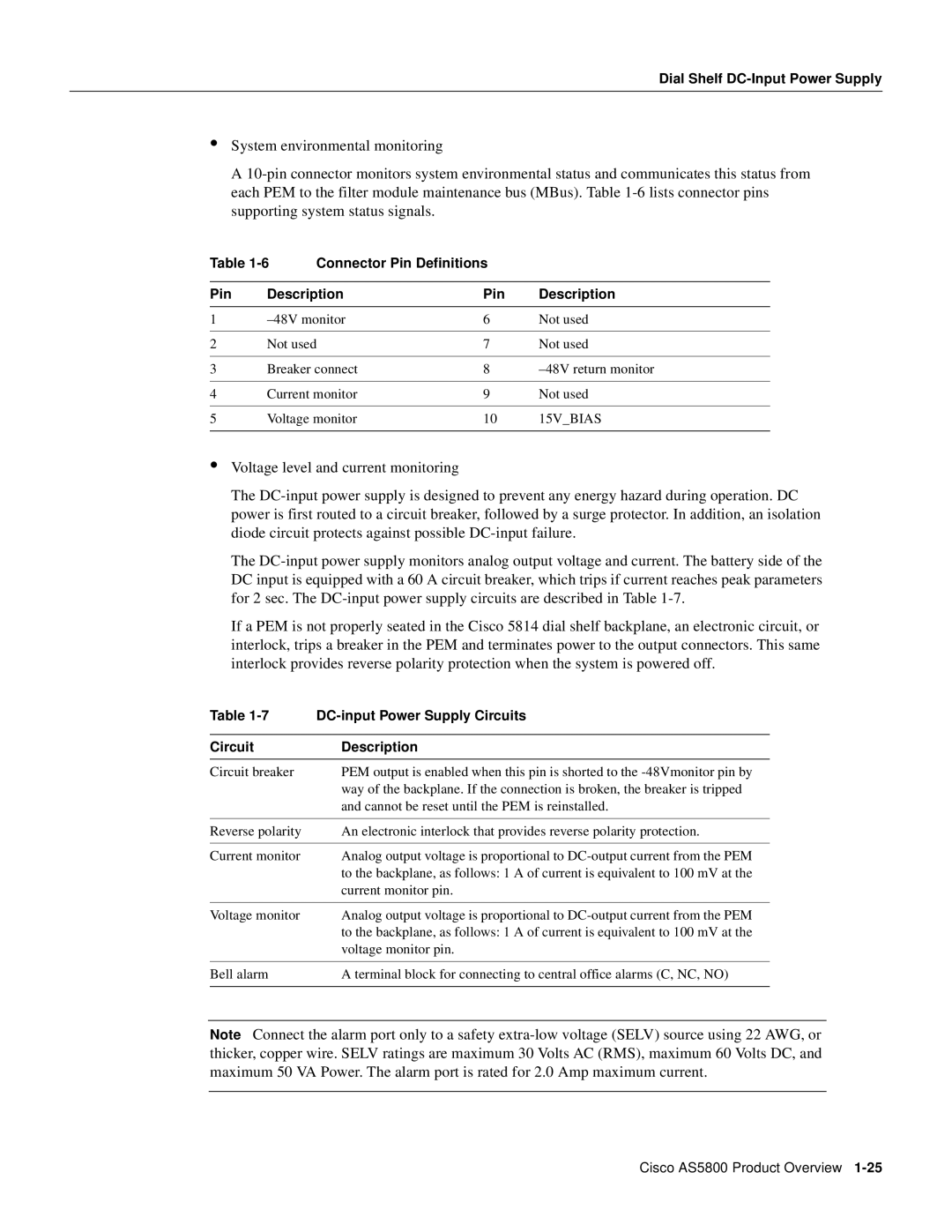 Cisco Systems AS5800 manual Dial Shelf DC-Input Power Supply, Connector Pin Definitions Description, Circuit Description 