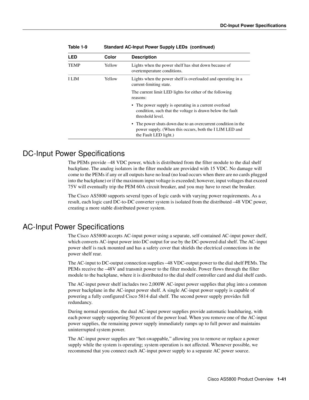 Cisco Systems AS5800 manual DC-Input Power Specifications, AC-Input Power Specifications 